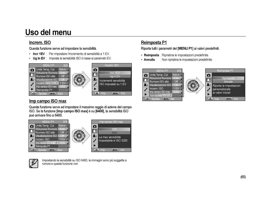 Samsung ER-GX20ZBBA/E1 Increm. ISO, Reimposta P1, Imp campo ISO max, Questa funzione serve ad impostare la sensibilità 