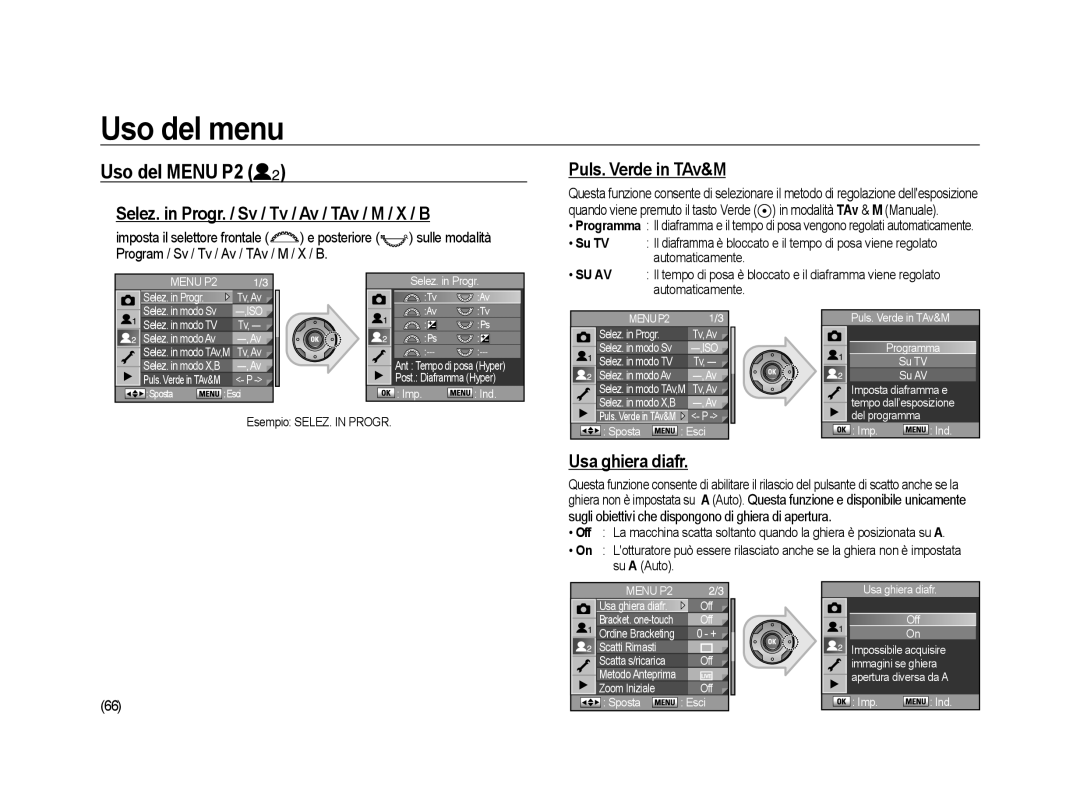 Samsung ER-GX20ZBBA/IT Uso del Menu P2, Selez. in Progr. / Sv / Tv / Av / TAv / M / X / B, Puls. Verde in TAv&M, Su TV 