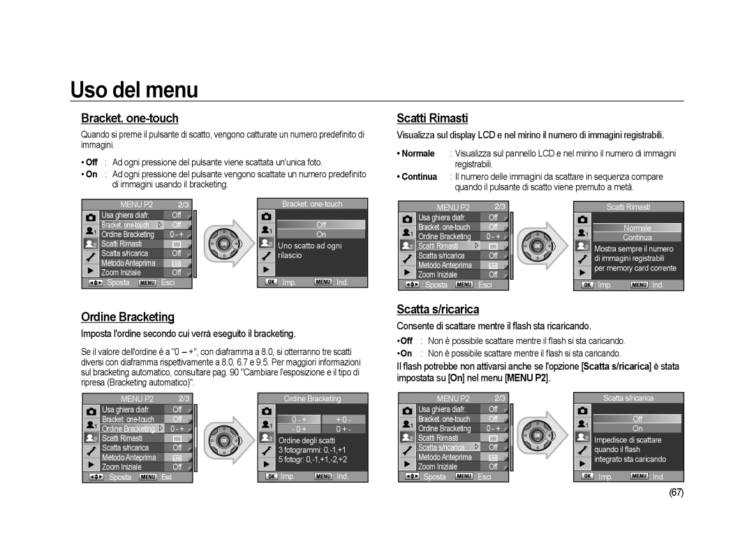 Samsung ER-GX20ZBBC/E1, ER-GX20ZBBB/E1 manual Bracket. one-touch, Scatti Rimasti, Ordine Bracketing, Scatta s/ricarica 