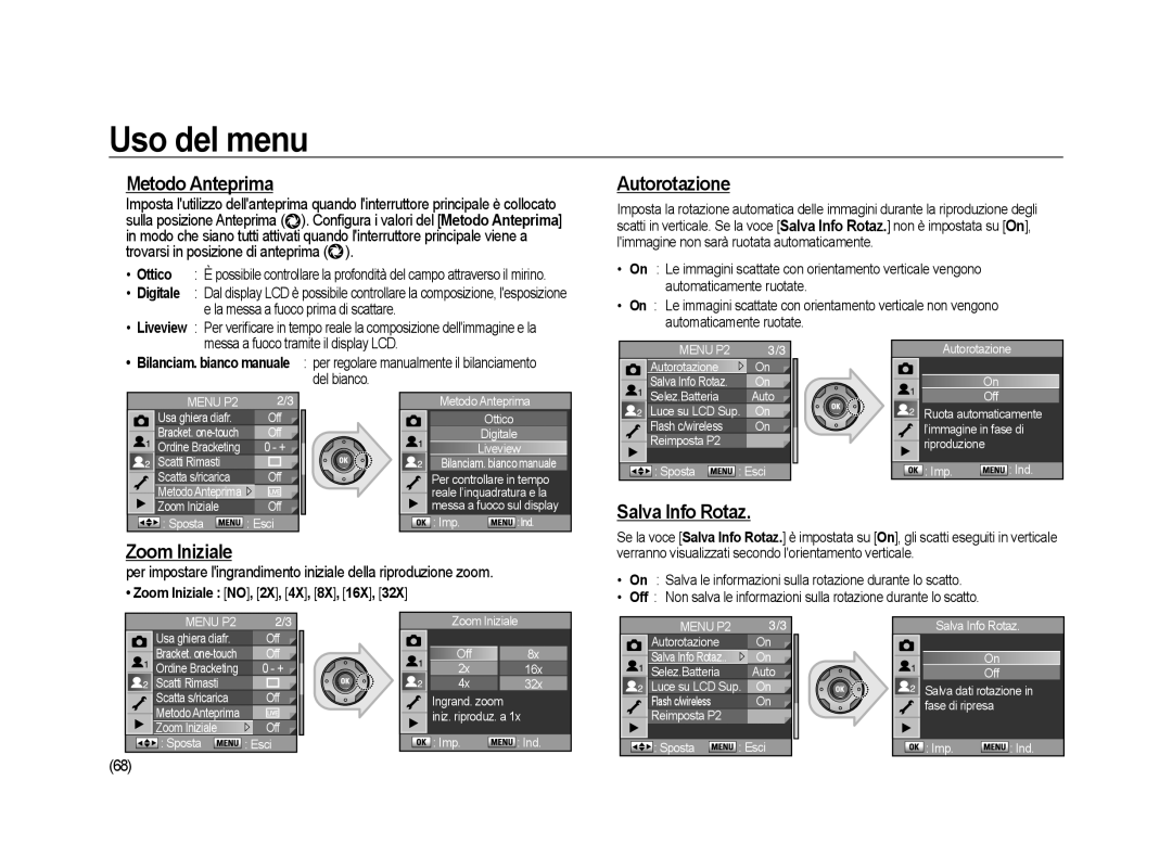 Samsung ER-GX20ZBBB/E1, ER-GX20ZBBC/E1, ER-GX20ZBBA/E1 Metodo Anteprima, Autorotazione, Salva Info Rotaz, Zoom Iniziale 