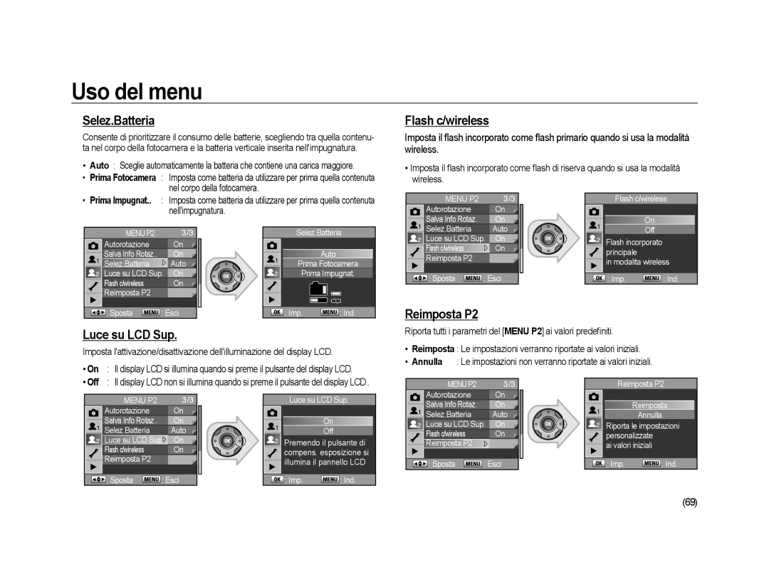 Samsung ER-GX20ZBBA/E1 manual Selez.Batteria, Flash c/wireless, Reimposta P2 Luce su LCD Sup, Nel corpo della fotocamera 