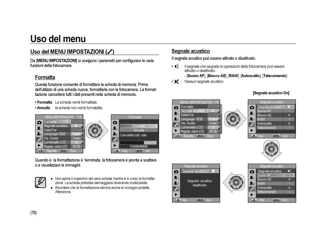 Samsung ER-GX20ZBBA/IT, ER-GX20ZBBC/E1, ER-GX20ZBBB/E1, ER-GX20ZBBA/E1 Uso del Menu Impostazioni, Formatta, Segnale acustico 