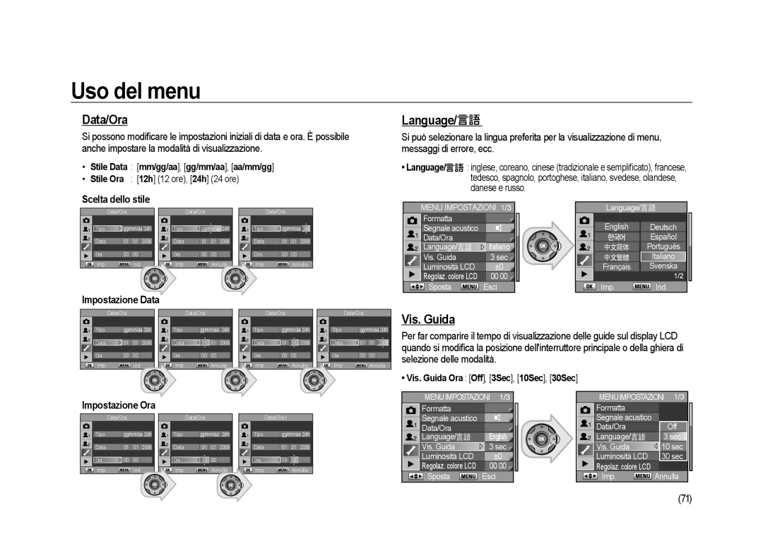 Samsung ER-GX20ZBBC/E1, ER-GX20ZBBB/E1, ER-GX20ZBBA/E1 Data/Ora, Language, Vis. Guida, Scelta dello stile, Impostazione Ora 