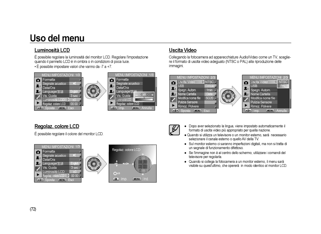 Samsung ER-GX20ZBBB/E1 Luminosità LCD, Uscita Video, Regolaz. colore LCD, Possibile impostare valori che vanno da -7 a +7 