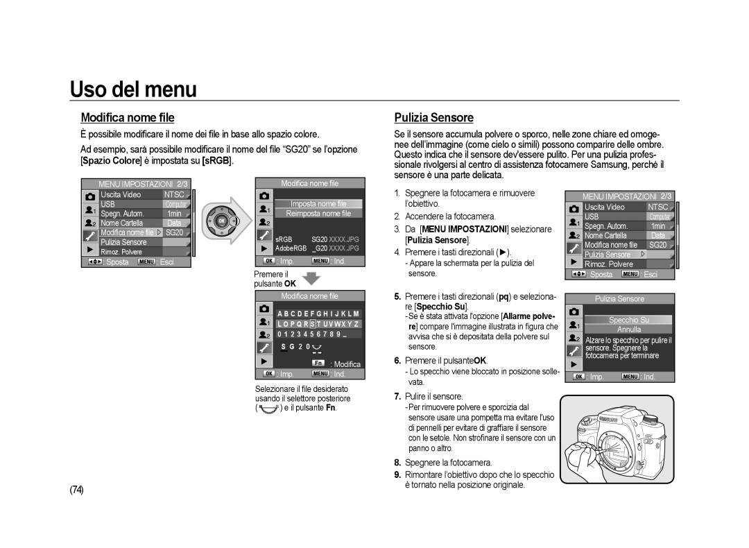 Samsung ER-GX20ZBBA/IT Modiﬁca nome ﬁle, Da Menu Impostazioni selezionare Pulizia Sensore, Premere i tasti direzionali 