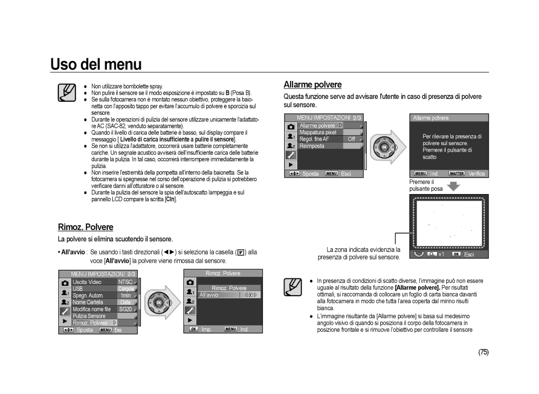 Samsung ER-GX20ZBBC/E1, ER-GX20ZBBB/E1 manual Allarme polvere, Rimoz. Polvere, La polvere si elimina scuotendo il sensore 