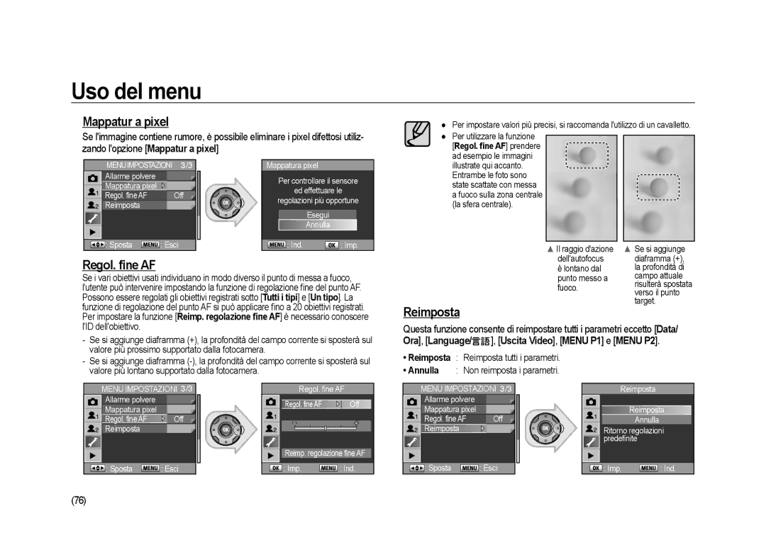 Samsung ER-GX20ZBBB/E1 manual Mappatur a pixel, Regol. ﬁne AF, Reimposta Sposta Esci Regol. fine AF Regol. fineAF Off 