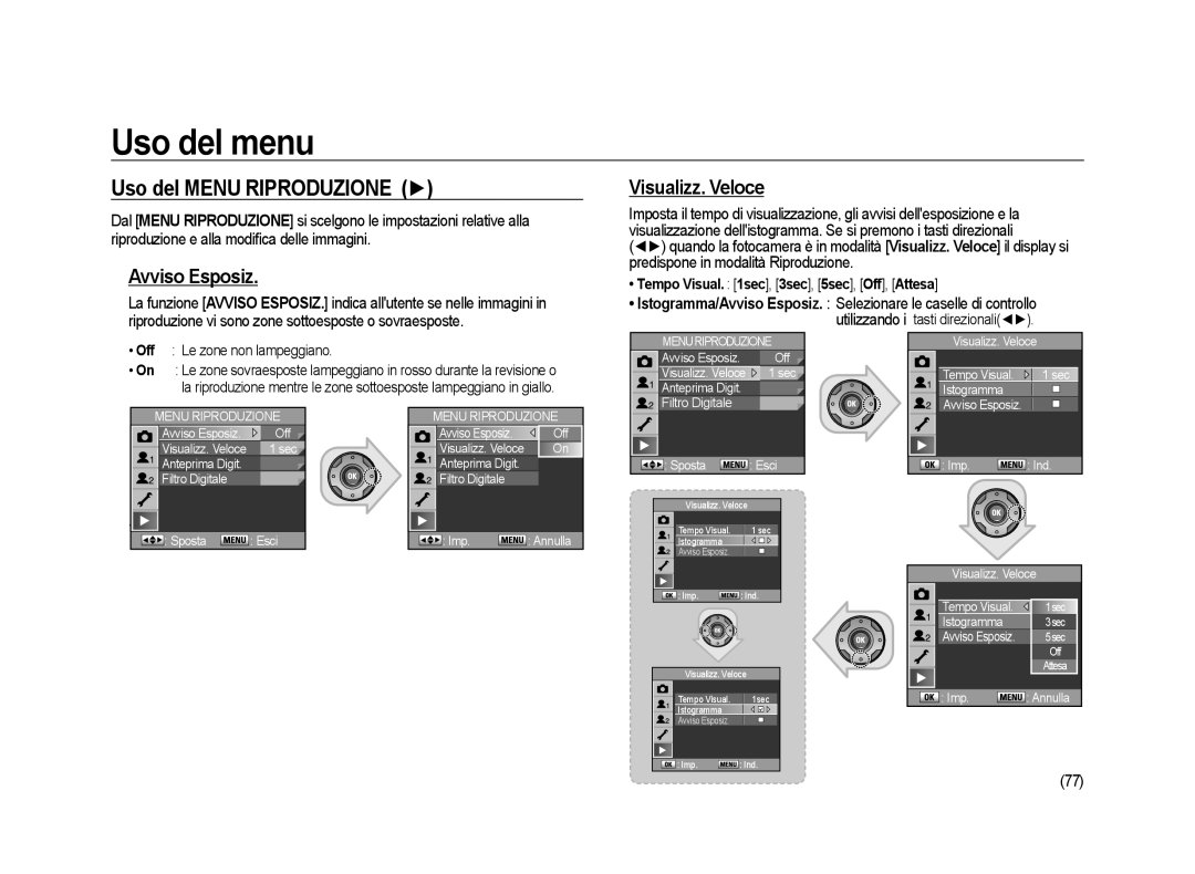 Samsung ER-GX20ZBBA/E1 manual Uso del Menu Riproduzione, Avviso Esposiz, Visualizz. Veloce, Off Le zone non lampeggiano 