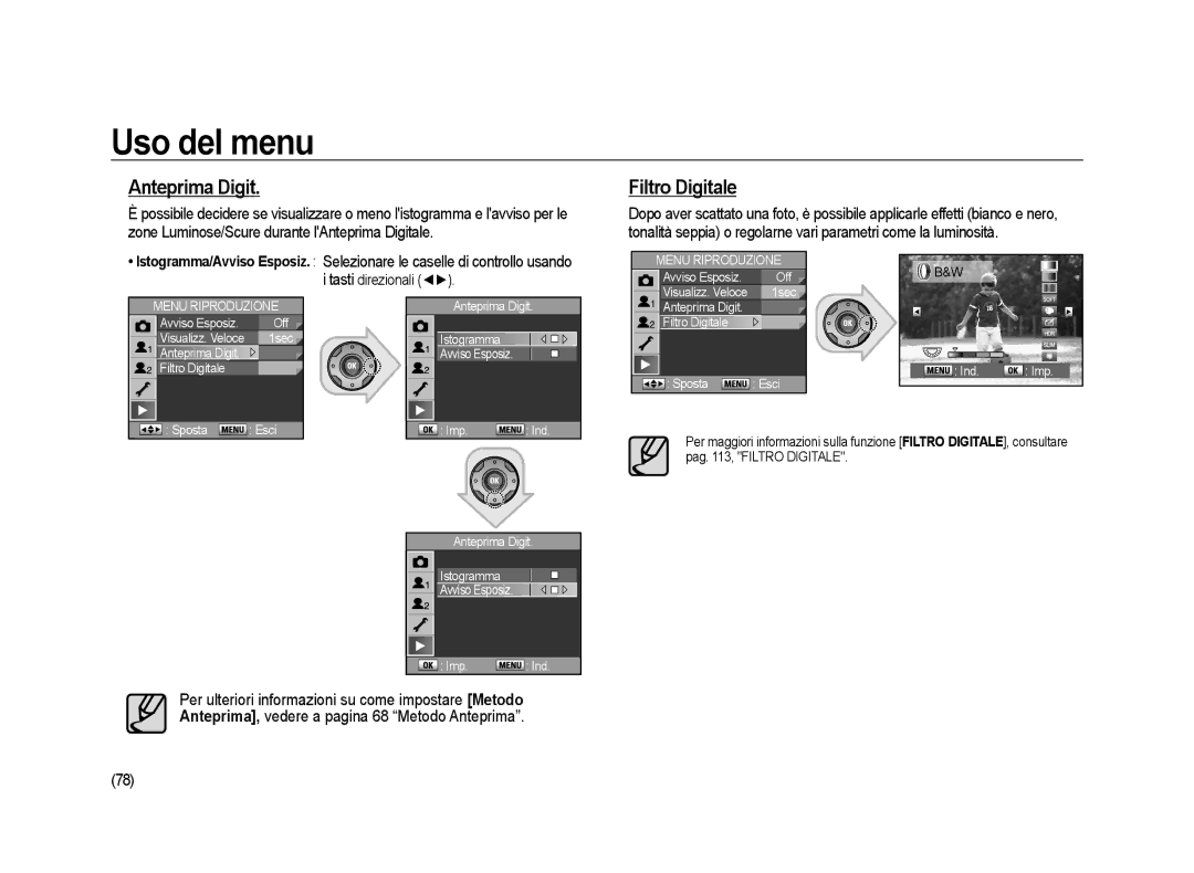 Samsung ER-GX20ZBBA/IT manual Anteprima Digit Filtro Digitale, Sposta Esci Ind. Imp Imp. Ind Anteprima Digit 