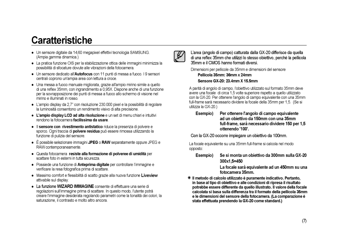 Samsung ER-GX20ZBBC/E1, ER-GX20ZBBB/E1 manual Caratteristiche, Con la GX-20 occorre impiegare un obiettivo da 100mm 