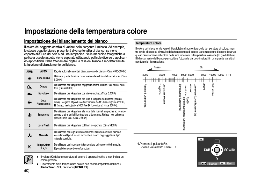 Samsung ER-GX20ZBBB/E1, ER-GX20ZBBC/E1 Impostazione della temperatura colore, Impostazione del bilanciamento del bianco 