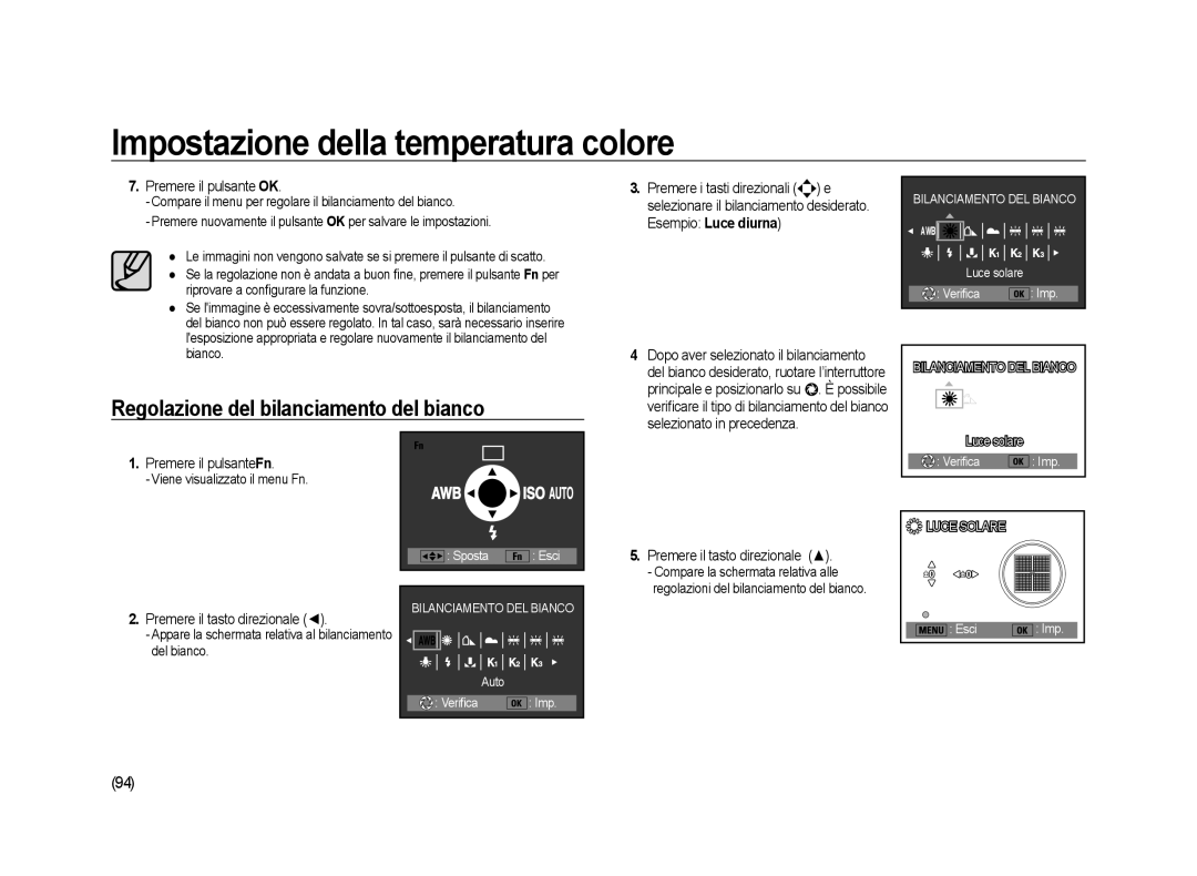 Samsung ER-GX20ZBBA/IT Regolazione del bilanciamento del bianco, Luce solare Verifica Imp, Auto Verifica Imp Esci Imp 