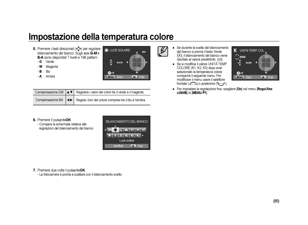 Samsung ER-GX20ZBBC/E1, ER-GX20ZBBB/E1 Premere due volte il pulsanteOK, Verde Magenta Blu Ambra, UNITè TEMP. COL Esci Imp 