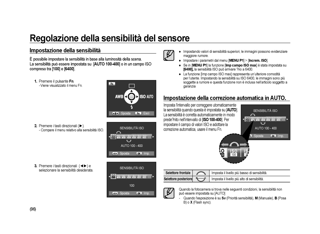 Samsung ER-GX20ZBBB/E1 Regolazione della sensibilità del sensore, Impostazione della sensibilità, Premere il pulsante Fn 