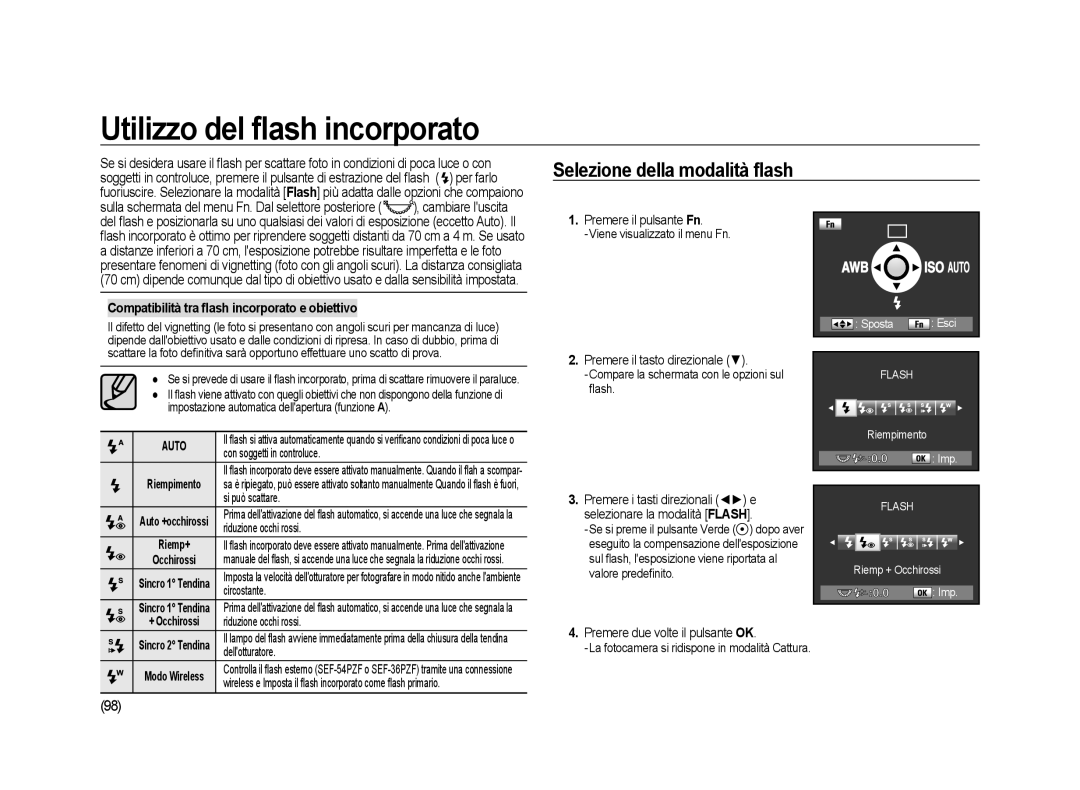 Samsung ER-GX20ZBBA/IT Utilizzo del ﬂash incorporato, Selezione della modalità ﬂash, Premere due volte il pulsante OK 