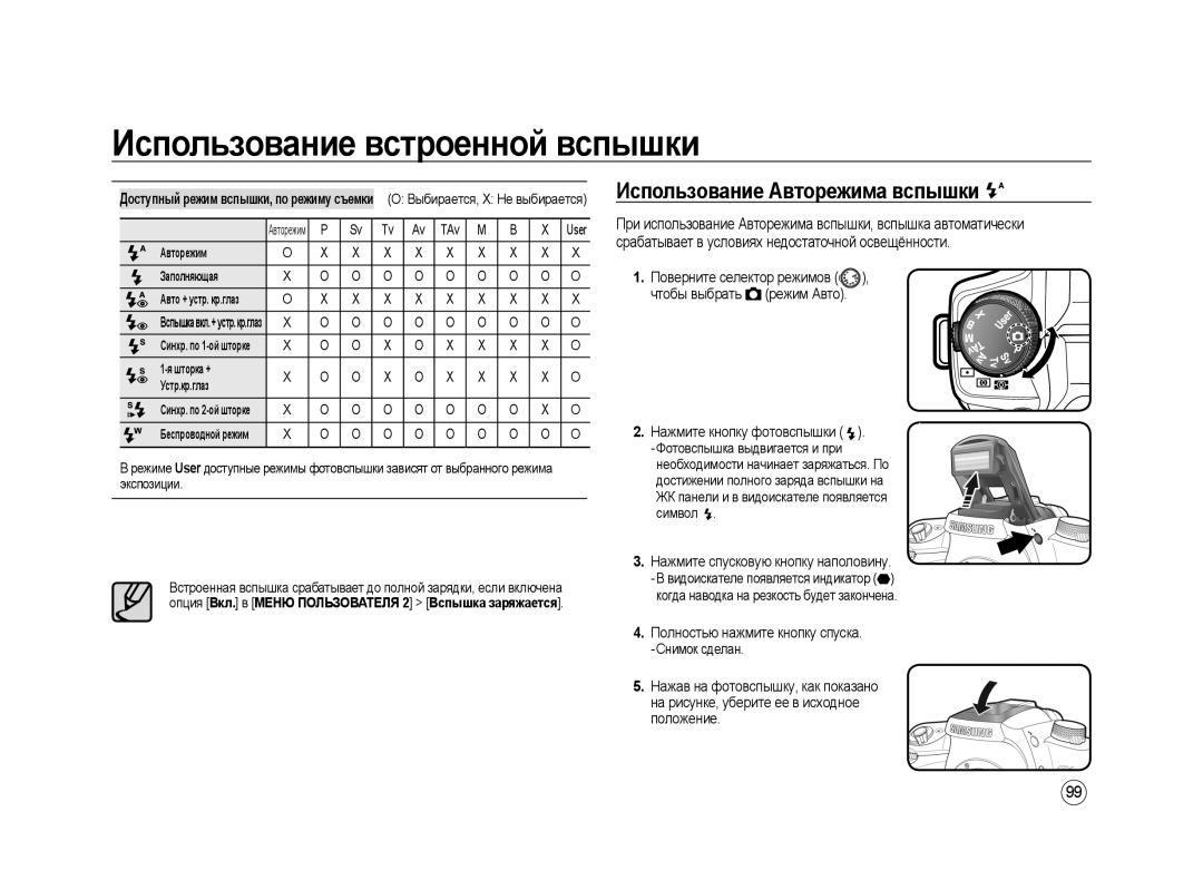 Samsung ER-GX20ZBAB manual Использование Авторежима вспышки, Нажмите спусковую кнопку наполовину, Авторежим Заполняющая 