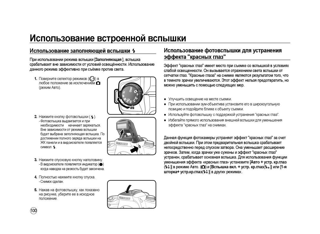 Samsung ER-GX20ZBBA/RU, ER-GX20ZBBC/E1 manual Использование заполняющей вспышки, 100, Улучшить освещение на месте съемки 