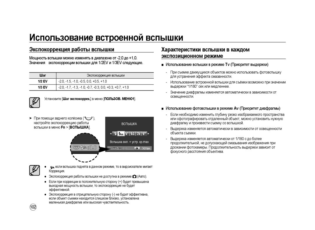 Samsung ER-GX20ZBBB/E1 manual Экспокоррекция работы вспышки, Характеристики вспышки в каждом экспозиционном режиме, 102 