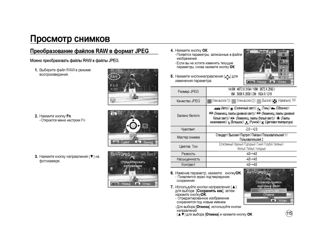 Samsung ER-GX20ZBBA/E1 manual Преобразование файлов RAW в формат Jpeg, Можно преобразовать файлы RAW в файлы Jpeg, 115 