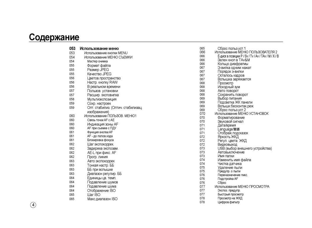 Samsung ER-GX20ZBBA/RU, ER-GX20ZBBC/E1 053 Использование меню, 060 Индикация зоны AF, 066 Использование Меню Пользователя 