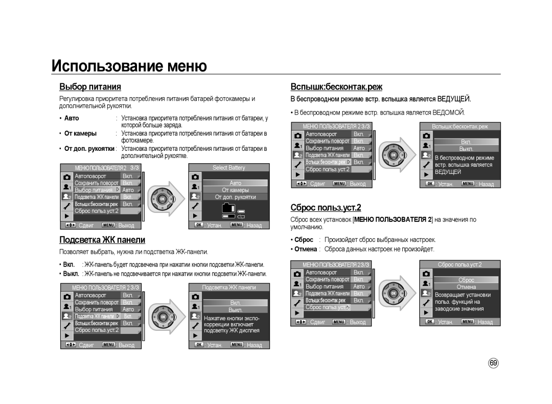 Samsung ER-GX20ZBAB, ER-GX20ZBBC/E1, ER-GX20ZBBB/E1 manual Выбор питания, Вспышкбесконтак.реж, Сброс польз.уст.2, Авто 