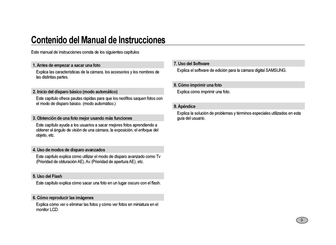 Samsung ER-GX20ZBBC/E1, ER-GX20ZBBB/E1, ER-GX20ZBBA/E1, ER-GX20ZBBC/ES, ER-GX20ZBBB/SP Contenido del Manual de Instrucciones 