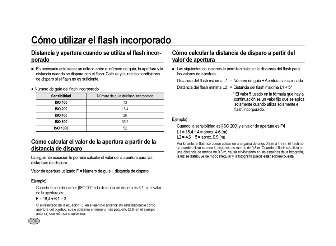 Samsung ER-GX20ZBBC/E1, ER-GX20ZBBB/E1, ER-GX20ZBBA/E1 manual 104, Sensibilidad Número de guía del ﬂash incorporado 