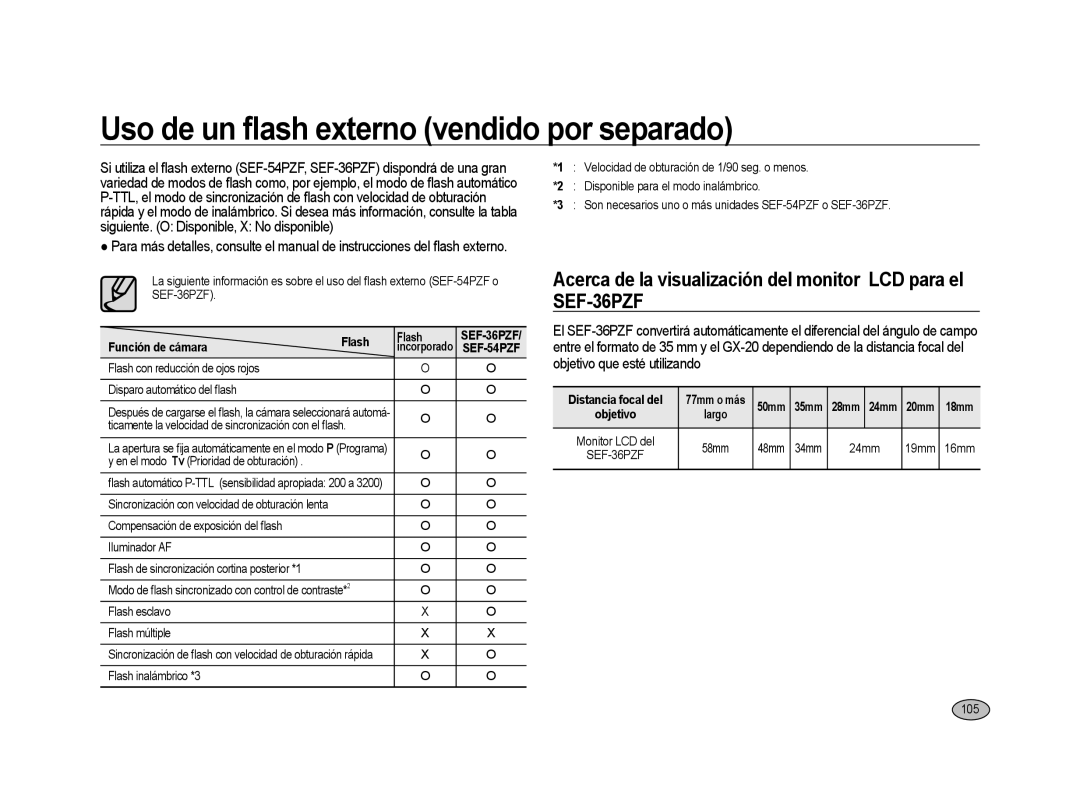 Samsung ER-GX20ZBBB/E1, ER-GX20ZBBC/E1, ER-GX20ZBBA/E1, ER-GX20ZBBC/ES manual Uso de un ﬂash externo vendido por separado, 105 