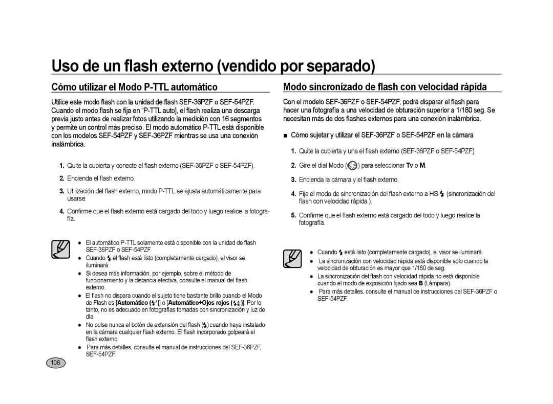 Samsung ER-GX20ZBBA/E1 manual Cómo utilizar el Modo P-TTL automático, Modo sincronizado de ﬂash con velocidad rápida, 106 