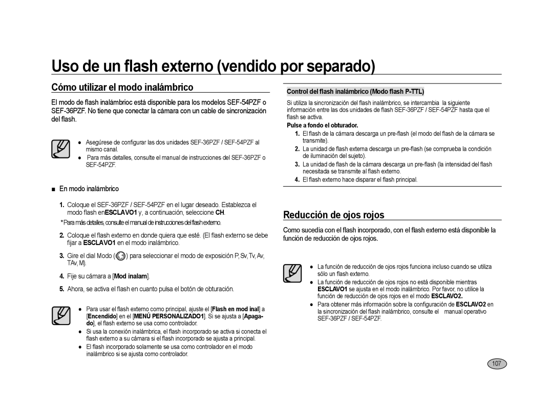 Samsung ER-GX20ZBBC/ES manual Cómo utilizar el modo inalámbrico, Reducción de ojos rojos, En modo inalámbrico, 107 