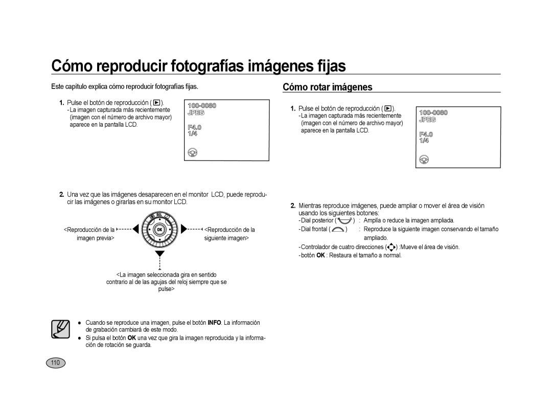 Samsung ER-GX20ZBBB/E1, ER-GX20ZBBC/E1, ER-GX20ZBBA/E1 Cómo reproducir fotografías imágenes ﬁjas, Cómo rotar imágenes, 110 