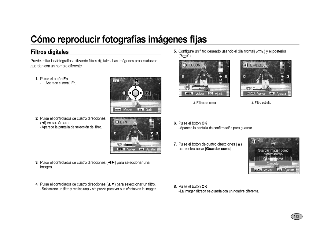 Samsung ER-GX20ZBBB/SP manual Filtros digitales, 113, Pulse el botón OK, Imagen, Pulse el botón de cuatro direcciones 