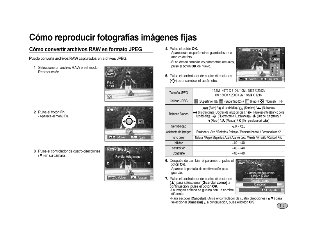 Samsung ER-GX20ZBBB/E1 manual Cómo reproducir fotografías imágenes fijas, Cómo convertir archivos RAW en formato Jpeg, 115 