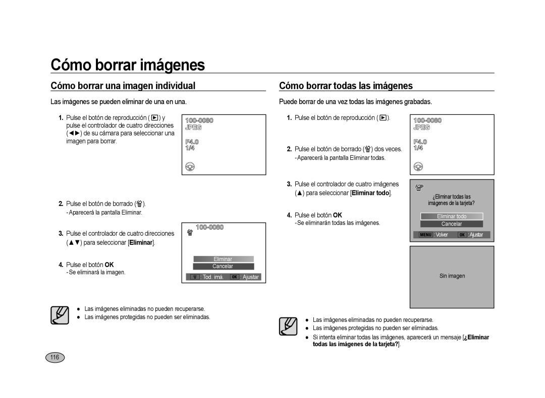 Samsung ER-GX20ZBBA/E1, ER-GX20ZBBC/E1 manual Cómo borrar imágenes, Las imágenes se pueden eliminar de una en una, 116 