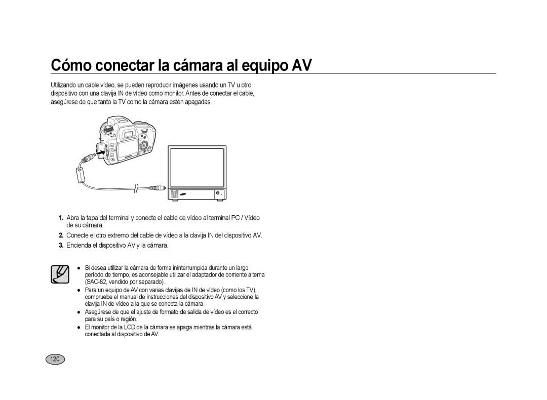 Samsung ER-GX20ZBBB/E1, ER-GX20ZBBC/E1, ER-GX20ZBBA/E1, ER-GX20ZBBC/ES manual Cómo conectar la cámara al equipo AV, 120 