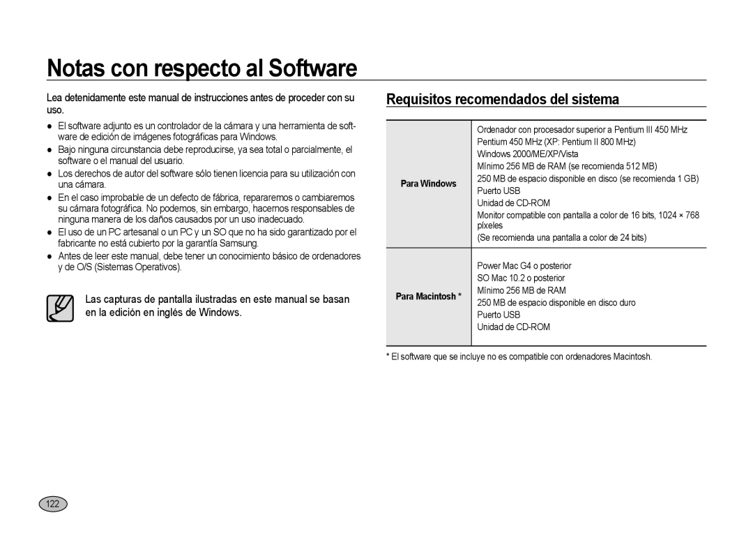 Samsung ER-GX20ZBBC/ES, ER-GX20ZBBC/E1 manual Notas con respecto al Software, Requisitos recomendados del sistema, 122 