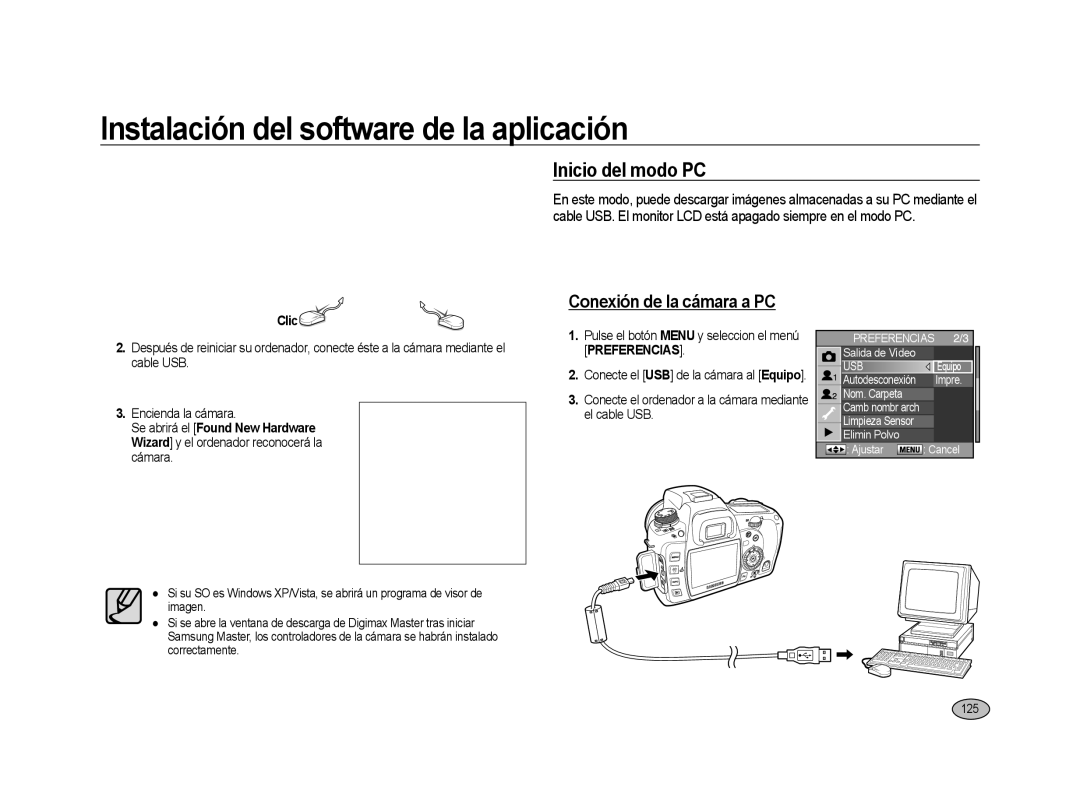 Samsung ER-GX20ZBBB/E1, ER-GX20ZBBC/E1, ER-GX20ZBBA/E1, ER-GX20ZBBC/ES Inicio del modo PC, Conexión de la cámara a PC, 125 