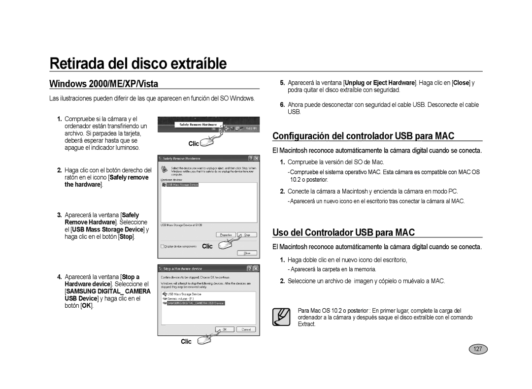 Samsung ER-GX20ZBBC/ES Retirada del disco extraíble, Windows 2000/ME/XP/Vista, Conﬁguración del controlador USB para MAC 