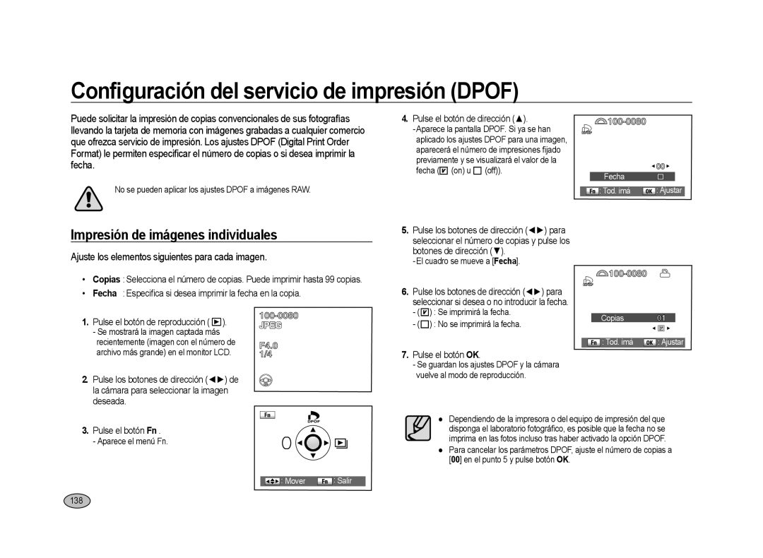 Samsung ER-GX20ZBBB/SP manual Conﬁguración del servicio de impresión Dpof, Impresión de imágenes individuales, 138 