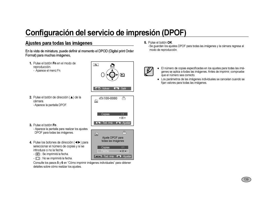 Samsung ER-GX20ZBBC/E1, ER-GX20ZBBB/E1 Ajustes para todas las imágenes, 139, Pulse el botón Fn en el modo de Reproducción 