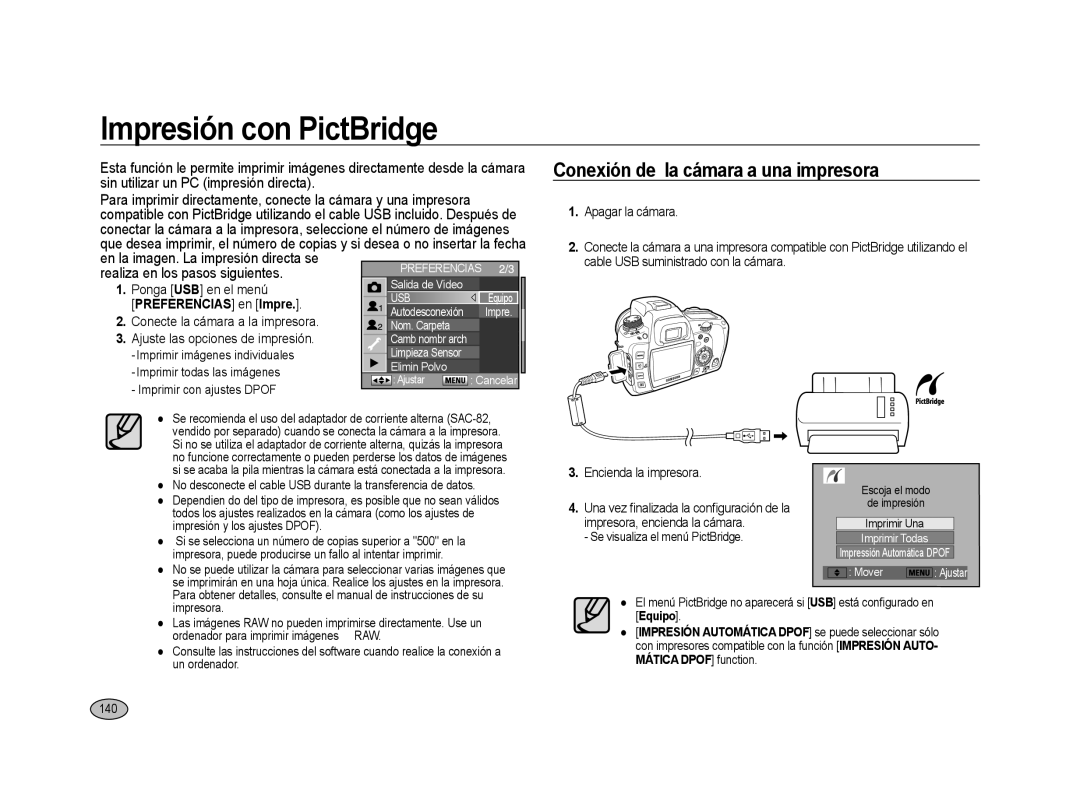 Samsung ER-GX20ZBBB/E1 manual Impresión con PictBridge, Conexión de la cámara a una impresora, 140, Preferencias en Impre 