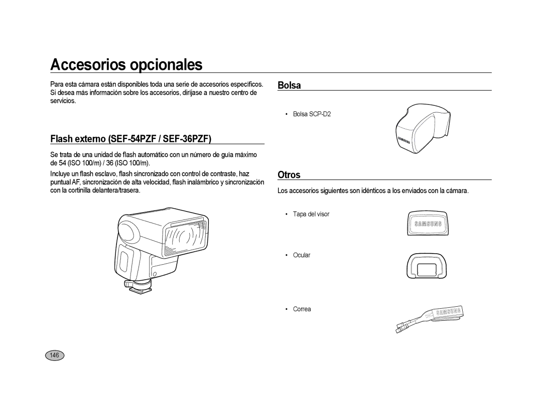 Samsung ER-GX20ZBBA/E1, ER-GX20ZBBC/E1 manual Accesorios opcionales, Flash externo SEF-54PZF / SEF-36PZF, Bolsa, Otros, 146 