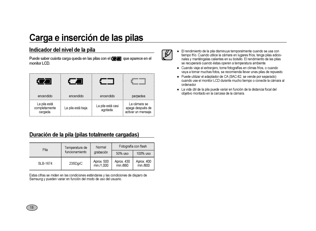 Samsung ER-GX20ZBBB/SP Indicador del nivel de la pila, Duración de la pila pilas totalmente cargadas, 50% uso 100% uso 