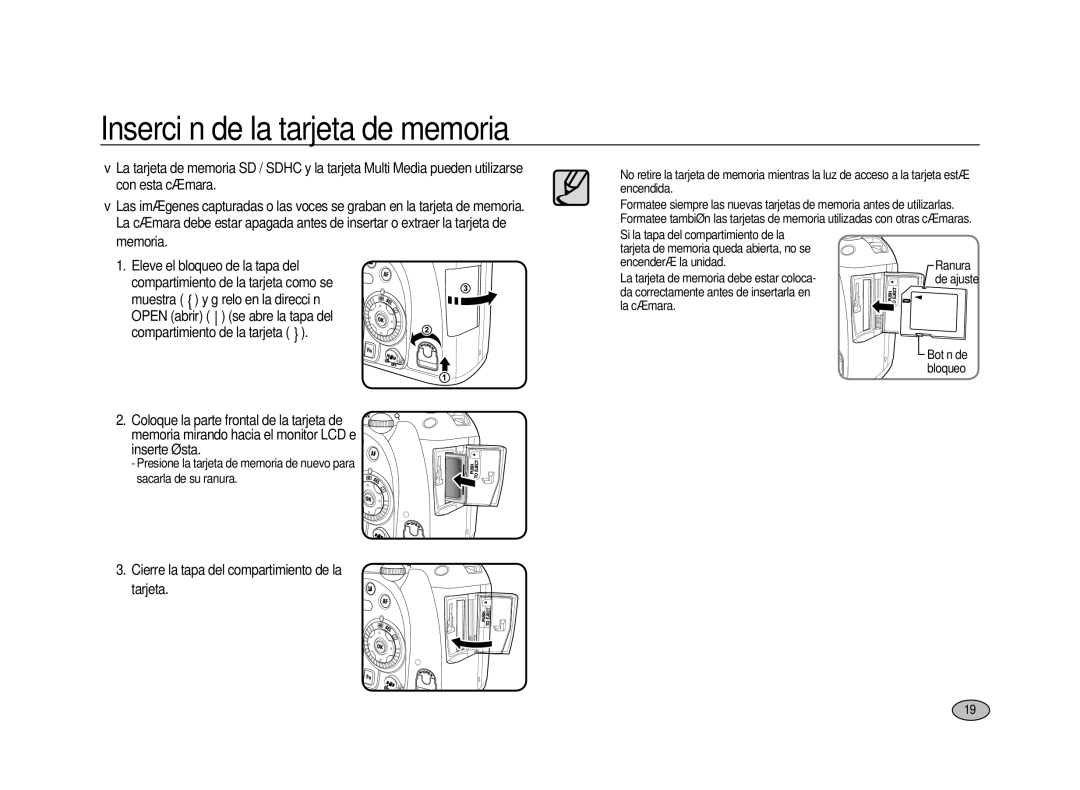 Samsung ER-GX20ZBBC/E1, ER-GX20ZBBB/E1 Inserción de la tarjeta de memoria, Cierre la tapa del compartimiento de la tarjeta 