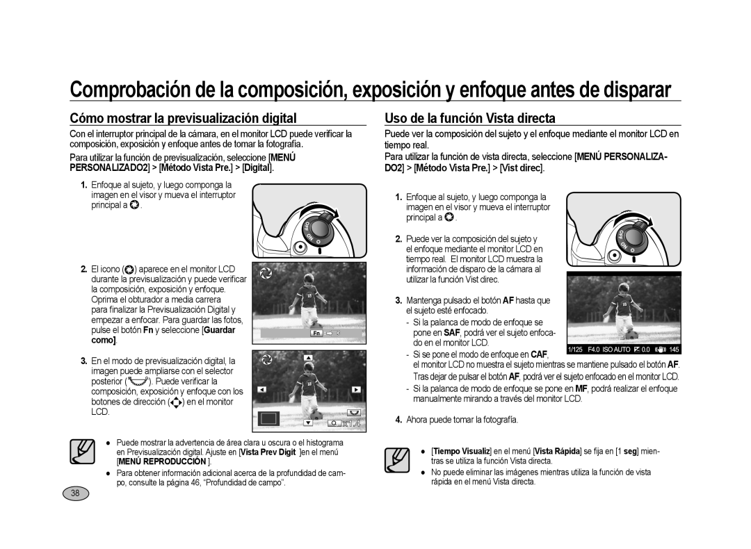 Samsung ER-GX20ZBBB/SP manual Cómo mostrar la previsualización digital, Uso de la función Vista directa, Principal a 