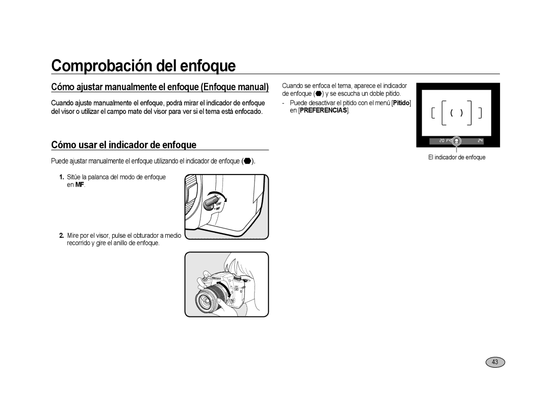 Samsung ER-GX20ZBBB/SP, ER-GX20ZBBC/E1 manual Cómo usar el indicador de enfoque, Sitúe la palanca del modo de enfoque en MF 