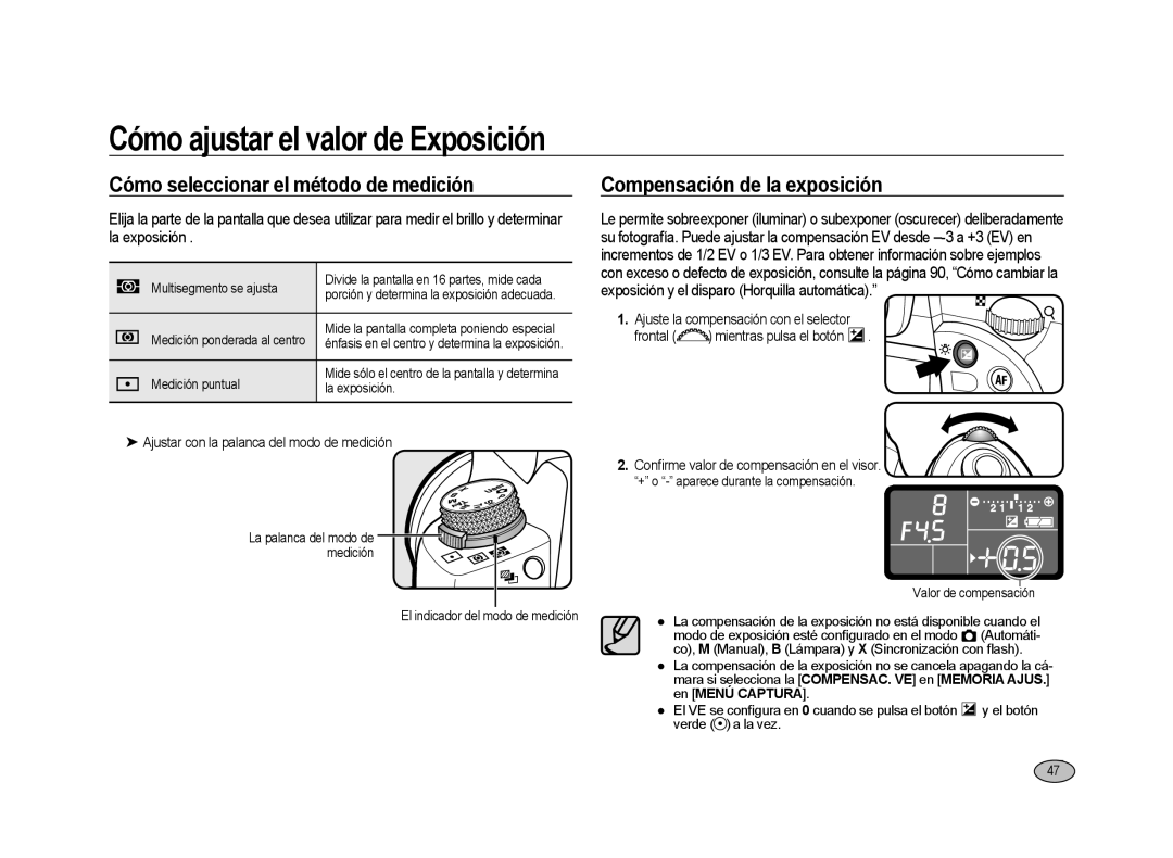 Samsung ER-GX20ZBBC/ES, ER-GX20ZBBC/E1 manual Cómo seleccionar el método de medición, Compensación de la exposición 