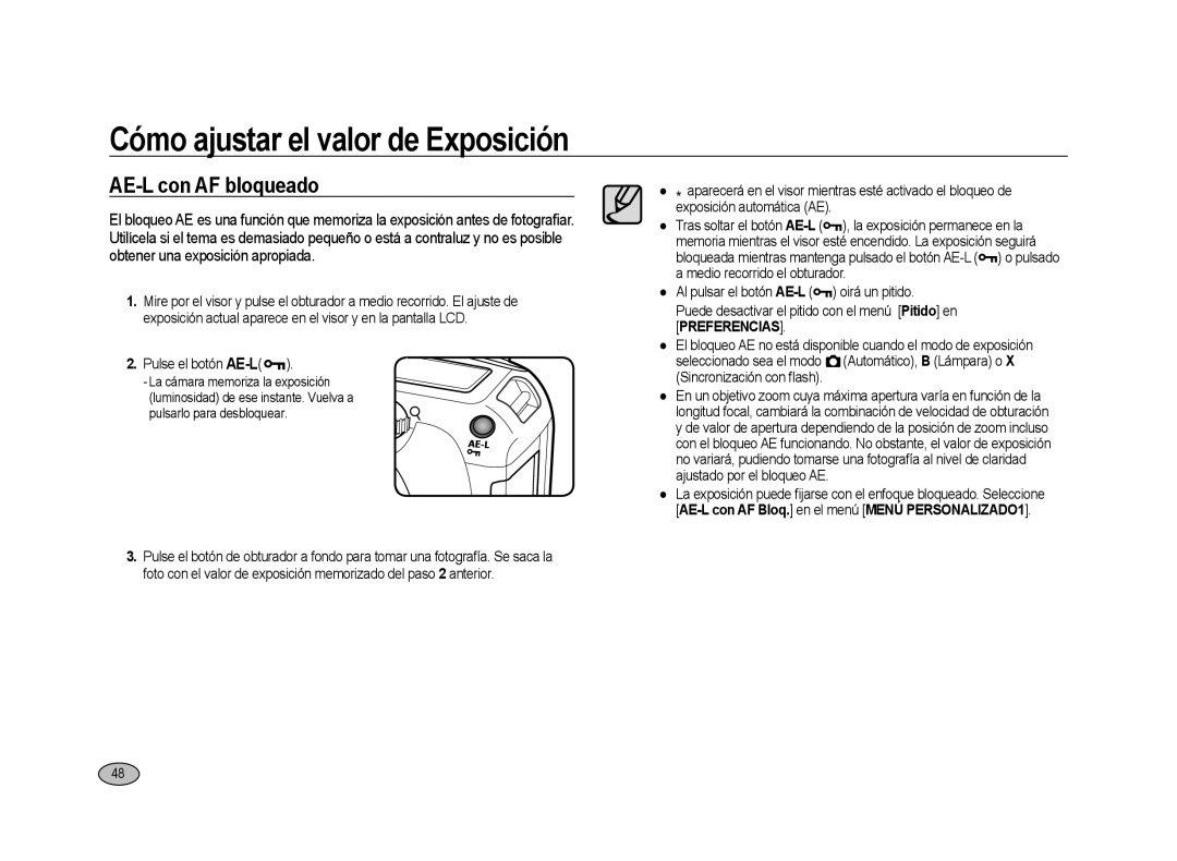 Samsung ER-GX20ZBBB/SP, ER-GX20ZBBC/E1 manual AE-L con AF bloqueado, Pulse el botón AE-L, Pulsarlo para desbloquear 