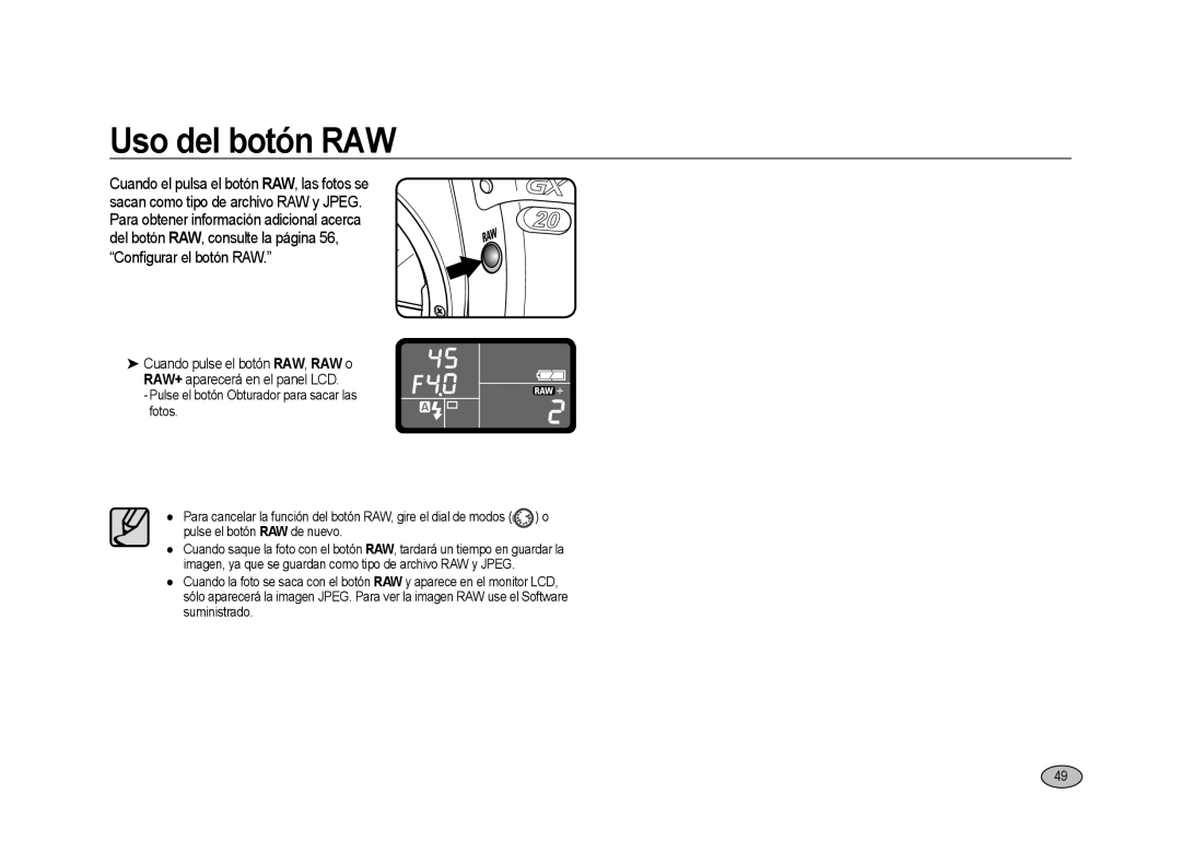 Samsung ER-GX20ZBBC/E1, ER-GX20ZBBB/E1, ER-GX20ZBBA/E1, ER-GX20ZBBC/ES, ER-GX20ZBBB/SP manual Uso del botón RAW 