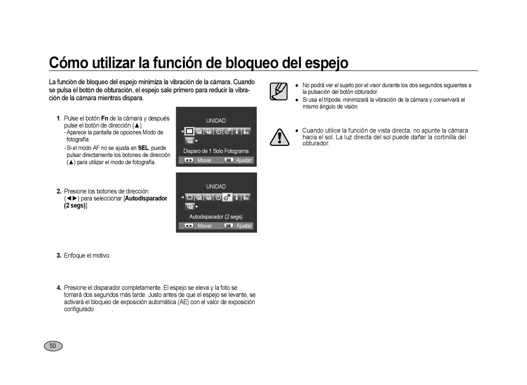 Samsung ER-GX20ZBBB/E1 manual Cómo utilizar la función de bloqueo del espejo, Para seleccionar Autodisparador 2 segs 